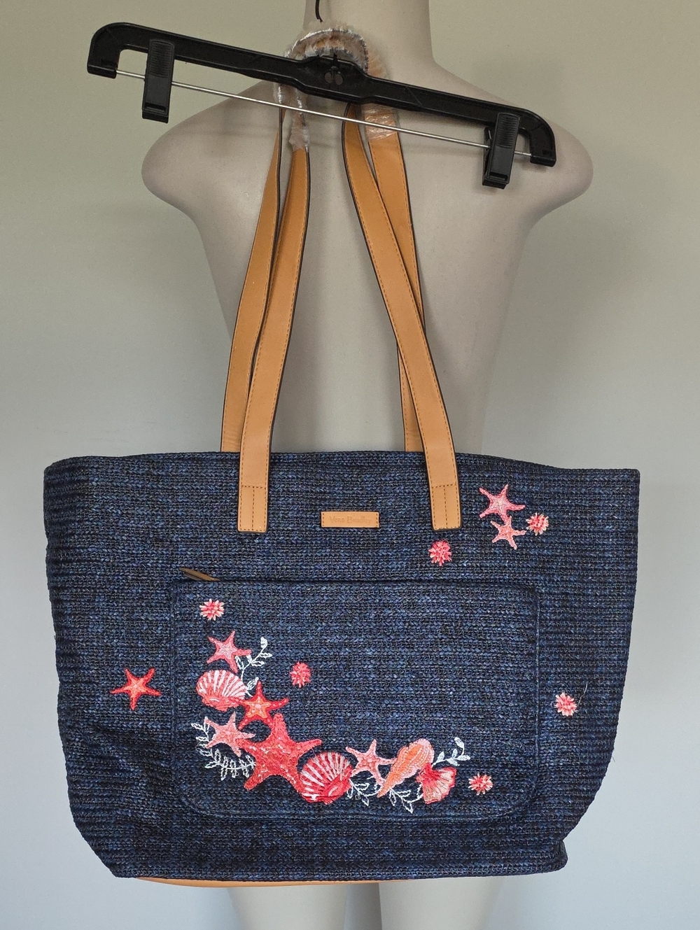 Vera Bradley navy blue straw tote with sea embroidery